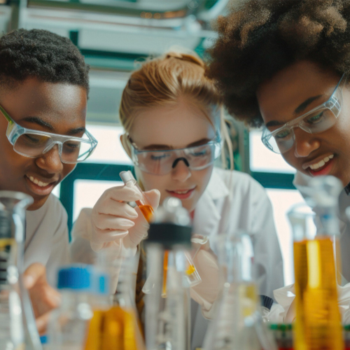 três cientistas jovens olhando tubos de ensaio com líquidos variados dentro